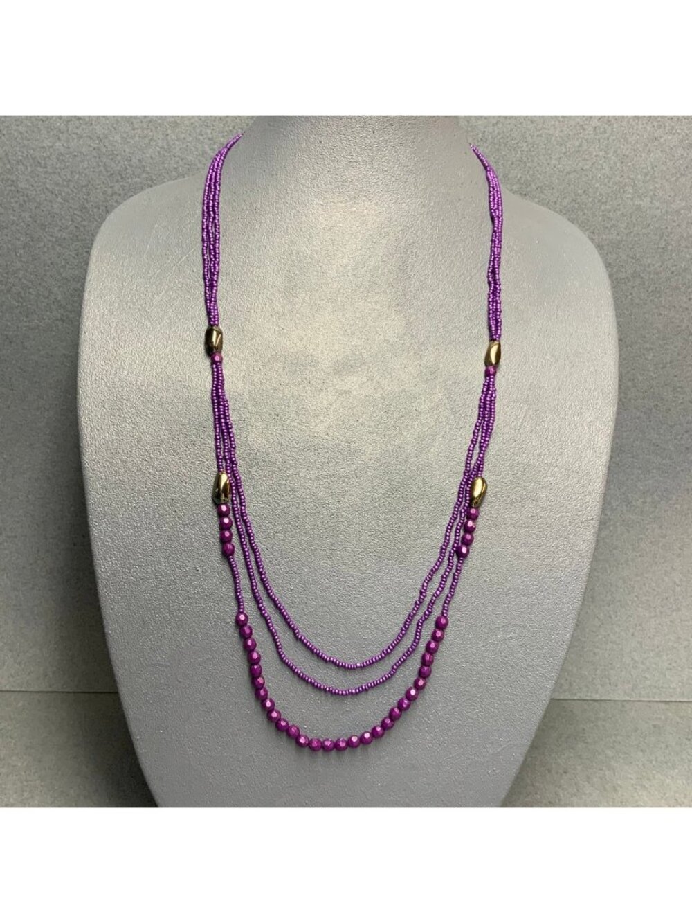 Long Multi Strand Necklace 30 In Purple Seed Beads Faceted Bronze Retro Boho